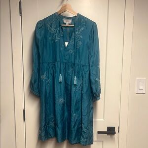 Johnny Was NWT Teal Embroidered Dress with Tassels